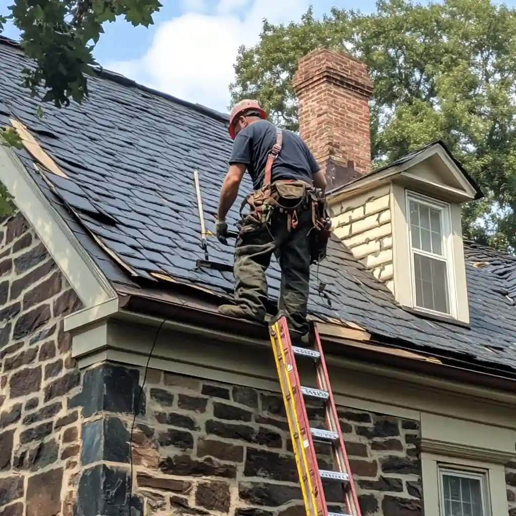 Roofing project site with safety equipment in use