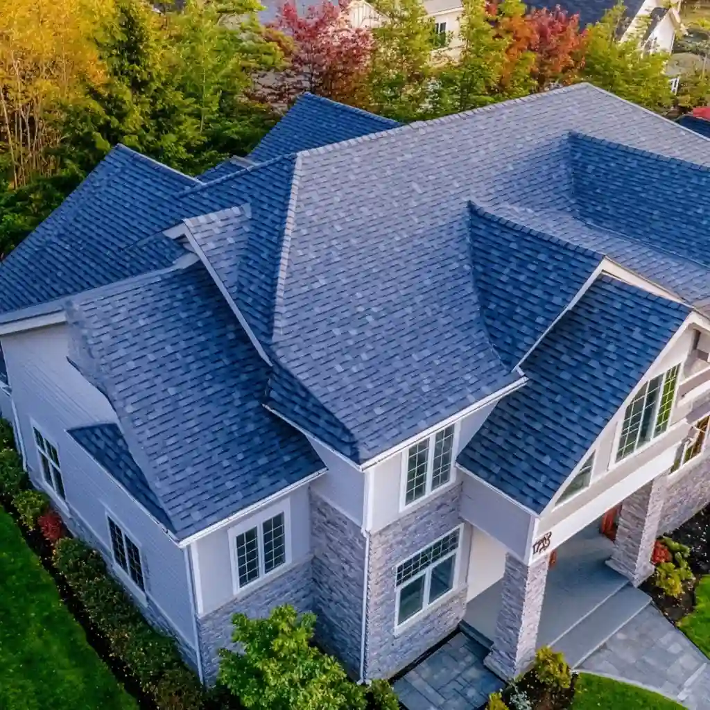 Drone view of a newly installed residential roof