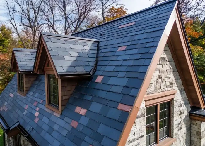 Roofer replacing old, damaged roofing tiles